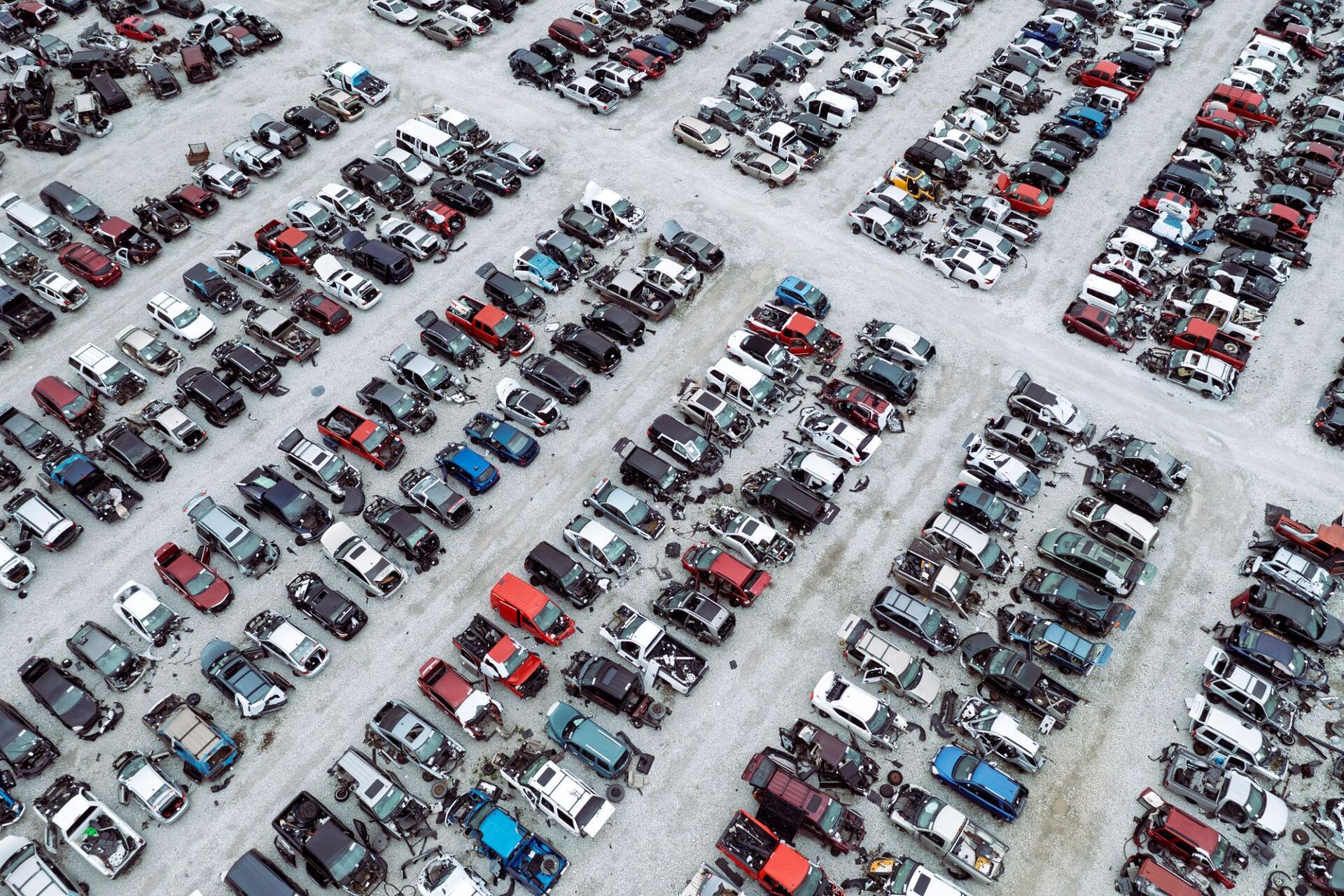 Aerial view of vehicles in the Milliron You Pull It salvage yard